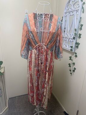 No Boundaries Multi-Color Striped Floral Maxi Kimono Jacket